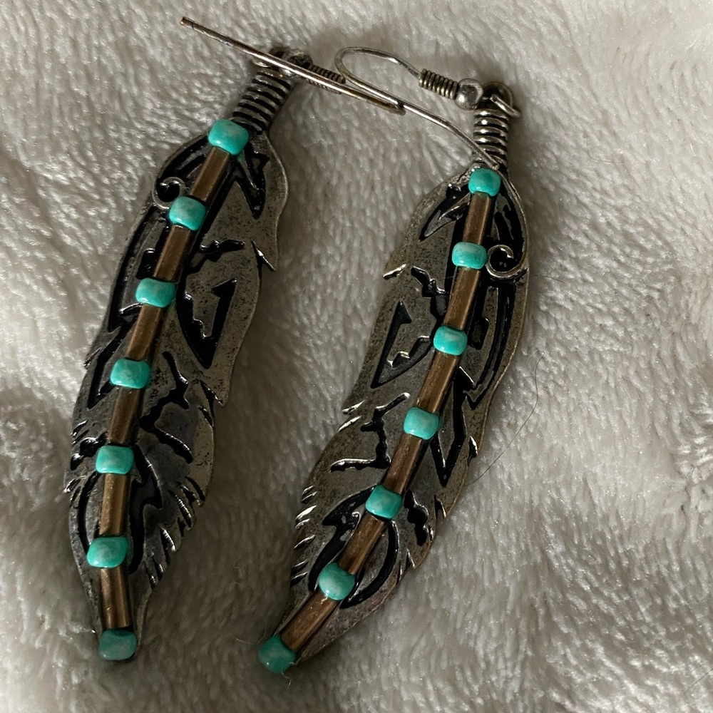 Western turquoise feather earrings